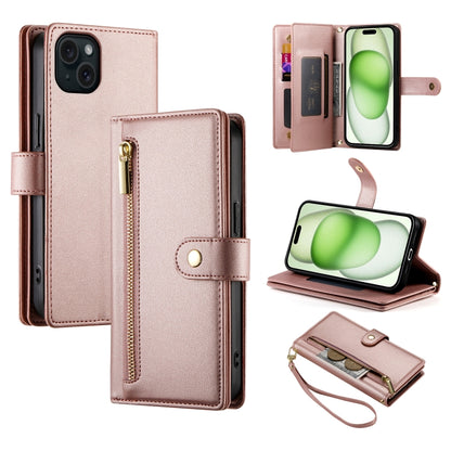 For iPhone 15 Plus Nine Card-slot Zipper Wallet Bag Leather Phone Case(Pink) - iPhone 15 Plus Cases by buy2fix | Online Shopping UK | buy2fix