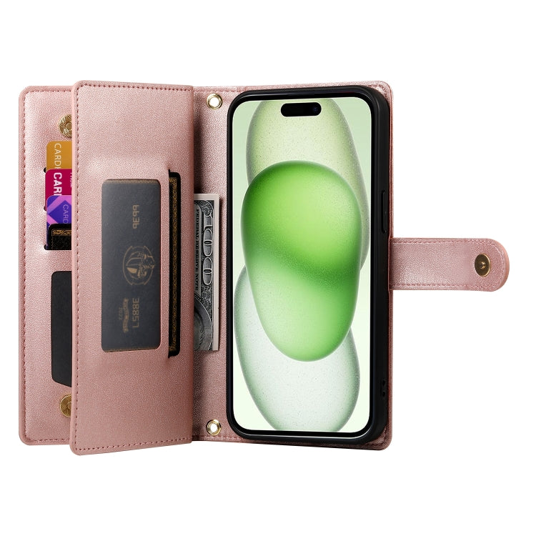 For iPhone 15 Plus Nine Card-slot Zipper Wallet Bag Leather Phone Case(Pink) - iPhone 15 Plus Cases by buy2fix | Online Shopping UK | buy2fix