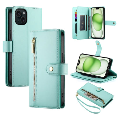 For iPhone 15 Plus Nine Card-slot Zipper Wallet Bag Leather Phone Case(Mint Green) - iPhone 15 Plus Cases by buy2fix | Online Shopping UK | buy2fix