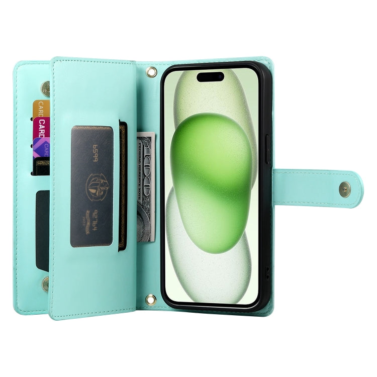 For iPhone 15 Plus Nine Card-slot Zipper Wallet Bag Leather Phone Case(Mint Green) - iPhone 15 Plus Cases by buy2fix | Online Shopping UK | buy2fix