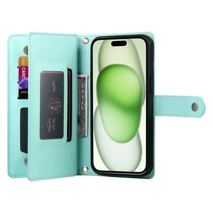 For iPhone 15 Plus Nine Card-slot Zipper Wallet Bag Leather Phone Case(Mint Green) - iPhone 15 Plus Cases by buy2fix | Online Shopping UK | buy2fix