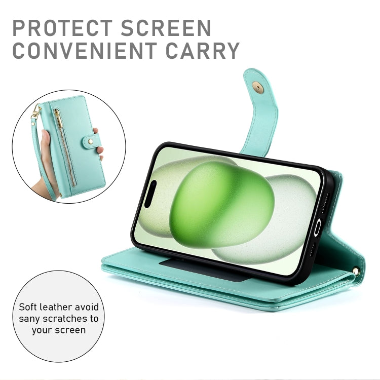 For iPhone 15 Plus Nine Card-slot Zipper Wallet Bag Leather Phone Case(Mint Green) - iPhone 15 Plus Cases by buy2fix | Online Shopping UK | buy2fix