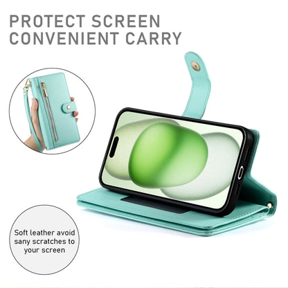 For iPhone 15 Plus Nine Card-slot Zipper Wallet Bag Leather Phone Case(Mint Green) - iPhone 15 Plus Cases by buy2fix | Online Shopping UK | buy2fix