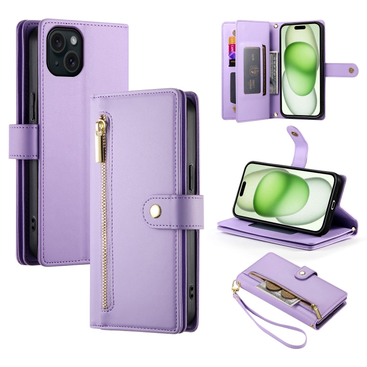 For iPhone 15 Plus Nine Card-slot Zipper Wallet Bag Leather Phone Case(Purple) - iPhone 15 Plus Cases by buy2fix | Online Shopping UK | buy2fix