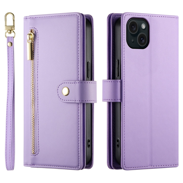 For iPhone 15 Plus Nine Card-slot Zipper Wallet Bag Leather Phone Case(Purple) - iPhone 15 Plus Cases by buy2fix | Online Shopping UK | buy2fix