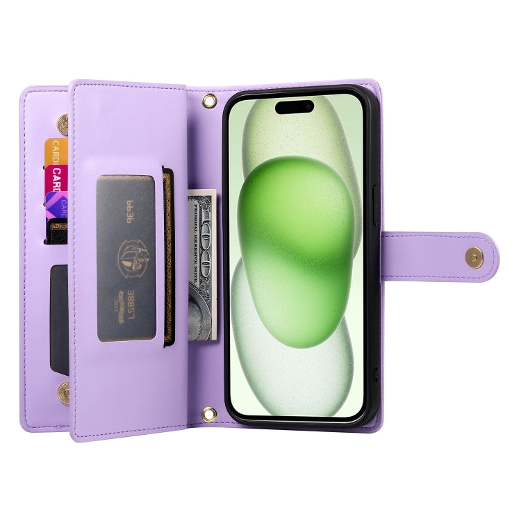 For iPhone 15 Plus Nine Card-slot Zipper Wallet Bag Leather Phone Case(Purple) - iPhone 15 Plus Cases by buy2fix | Online Shopping UK | buy2fix