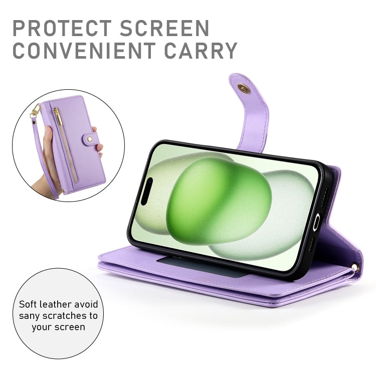 For iPhone 15 Plus Nine Card-slot Zipper Wallet Bag Leather Phone Case(Purple) - iPhone 15 Plus Cases by buy2fix | Online Shopping UK | buy2fix