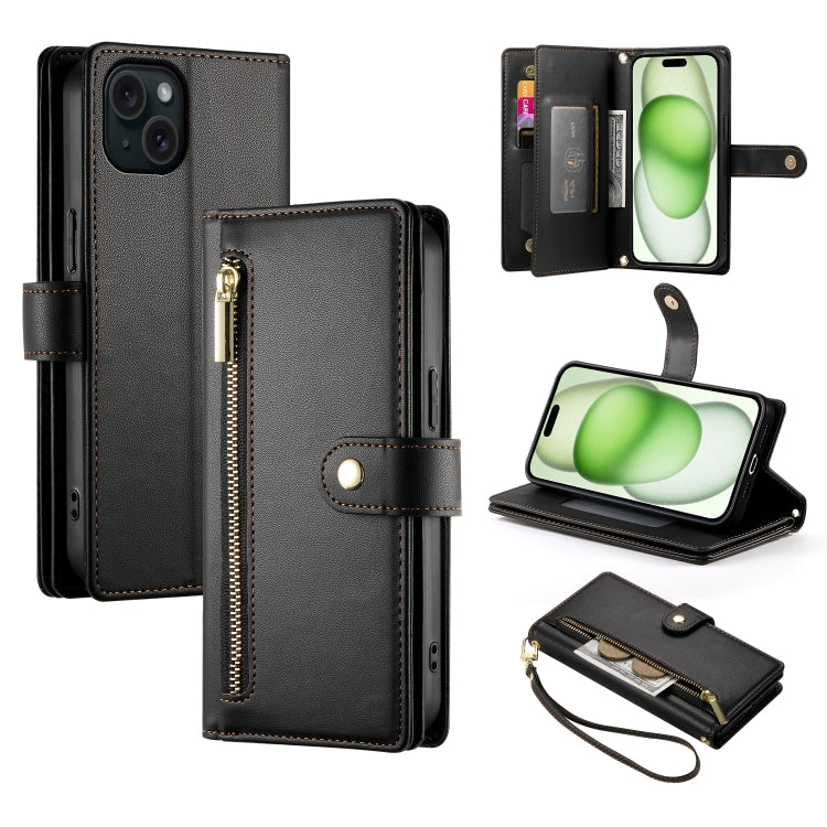 For iPhone 15 Plus Nine Card-slot Zipper Wallet Bag Leather Phone Case(Black) - iPhone 15 Plus Cases by buy2fix | Online Shopping UK | buy2fix
