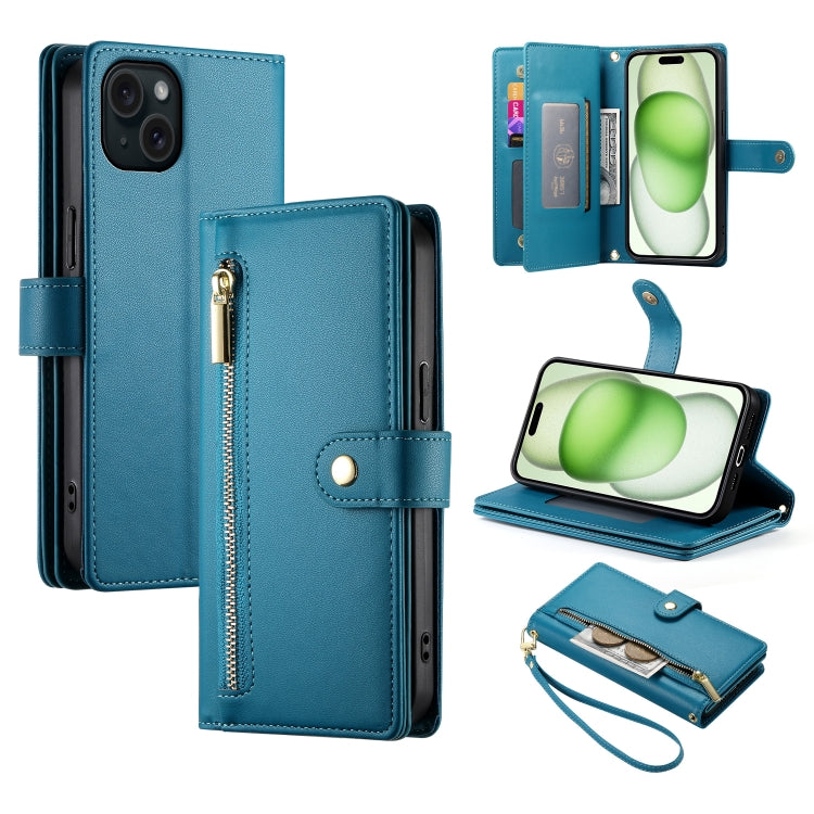 For iPhone 15 Plus Nine Card-slot Zipper Wallet Bag Leather Phone Case(Blue) - iPhone 15 Plus Cases by buy2fix | Online Shopping UK | buy2fix