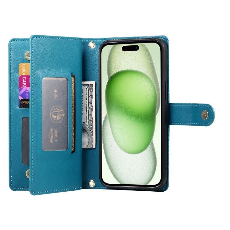 For iPhone 15 Plus Nine Card-slot Zipper Wallet Bag Leather Phone Case(Blue) - iPhone 15 Plus Cases by buy2fix | Online Shopping UK | buy2fix