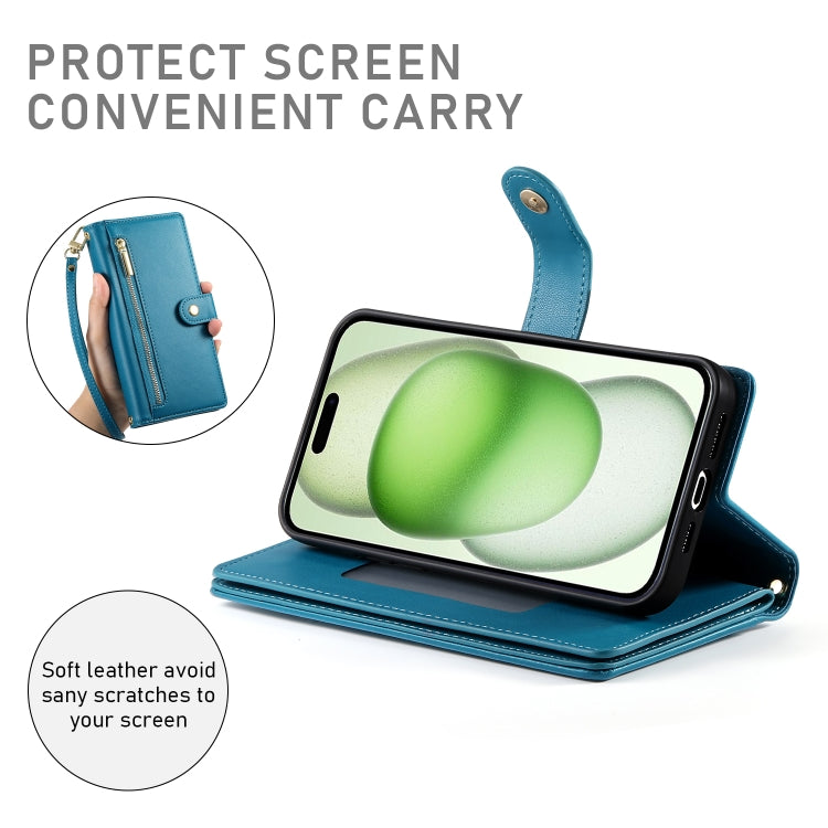 For iPhone 15 Plus Nine Card-slot Zipper Wallet Bag Leather Phone Case(Blue) - iPhone 15 Plus Cases by buy2fix | Online Shopping UK | buy2fix