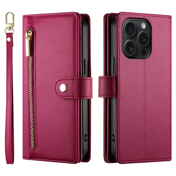 For iPhone 15 Pro Nine Card-slot Zipper Wallet Bag Leather Phone Case(Red) - iPhone 15 Pro Cases by buy2fix | Online Shopping UK | buy2fix