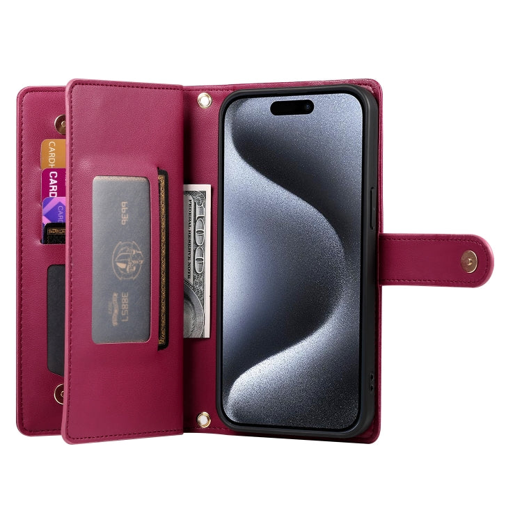 For iPhone 15 Pro Nine Card-slot Zipper Wallet Bag Leather Phone Case(Red) - iPhone 15 Pro Cases by buy2fix | Online Shopping UK | buy2fix