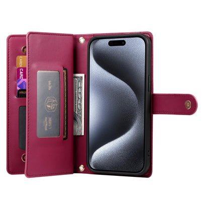 For iPhone 15 Pro Nine Card-slot Zipper Wallet Bag Leather Phone Case(Red) - iPhone 15 Pro Cases by buy2fix | Online Shopping UK | buy2fix