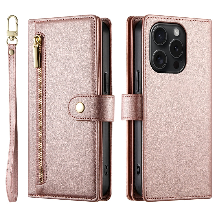 For iPhone 15 Pro Nine Card-slot Zipper Wallet Bag Leather Phone Case(Pink) - iPhone 15 Pro Cases by buy2fix | Online Shopping UK | buy2fix