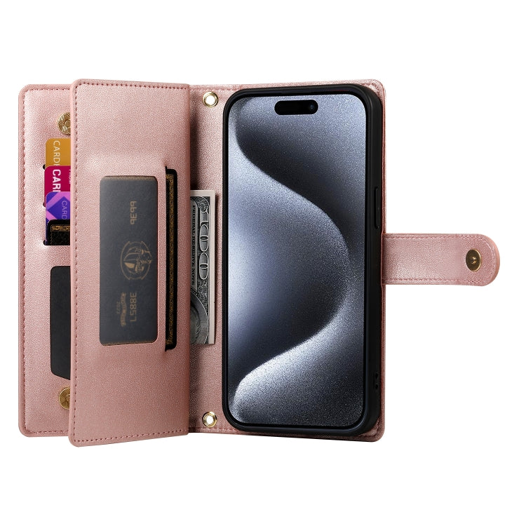 For iPhone 15 Pro Nine Card-slot Zipper Wallet Bag Leather Phone Case(Pink) - iPhone 15 Pro Cases by buy2fix | Online Shopping UK | buy2fix