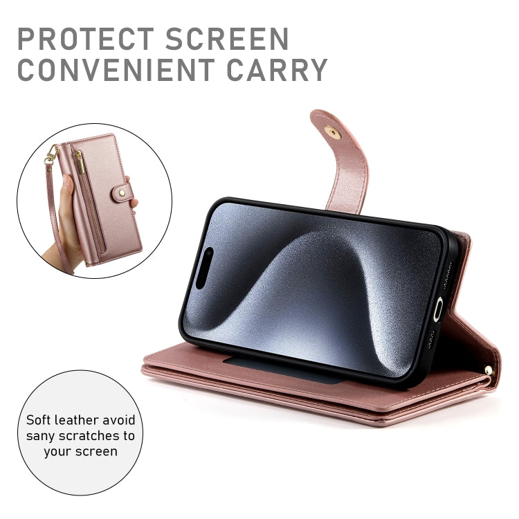 For iPhone 15 Pro Nine Card-slot Zipper Wallet Bag Leather Phone Case(Pink) - iPhone 15 Pro Cases by buy2fix | Online Shopping UK | buy2fix