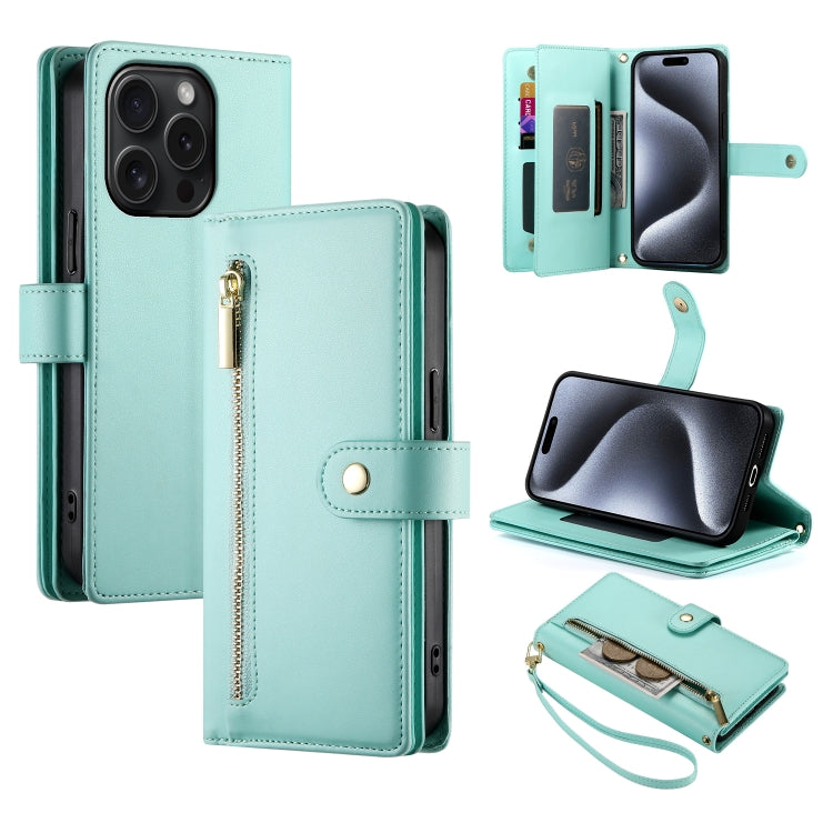 For iPhone 15 Pro Nine Card-slot Zipper Wallet Bag Leather Phone Case(Mint Green) - iPhone 15 Pro Cases by buy2fix | Online Shopping UK | buy2fix