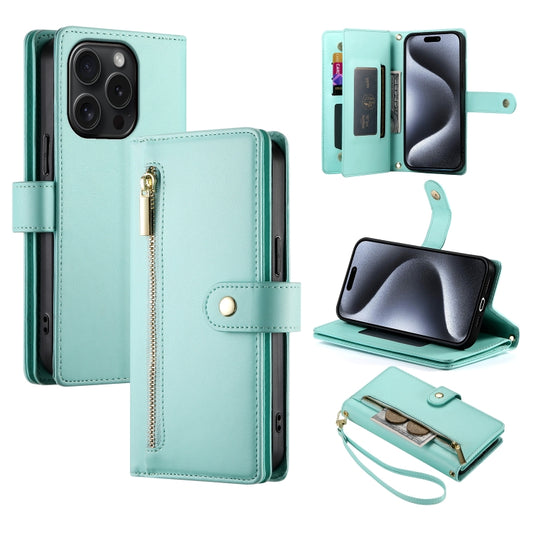 For iPhone 15 Pro Nine Card-slot Zipper Wallet Bag Leather Phone Case(Mint Green) - iPhone 15 Pro Cases by buy2fix | Online Shopping UK | buy2fix