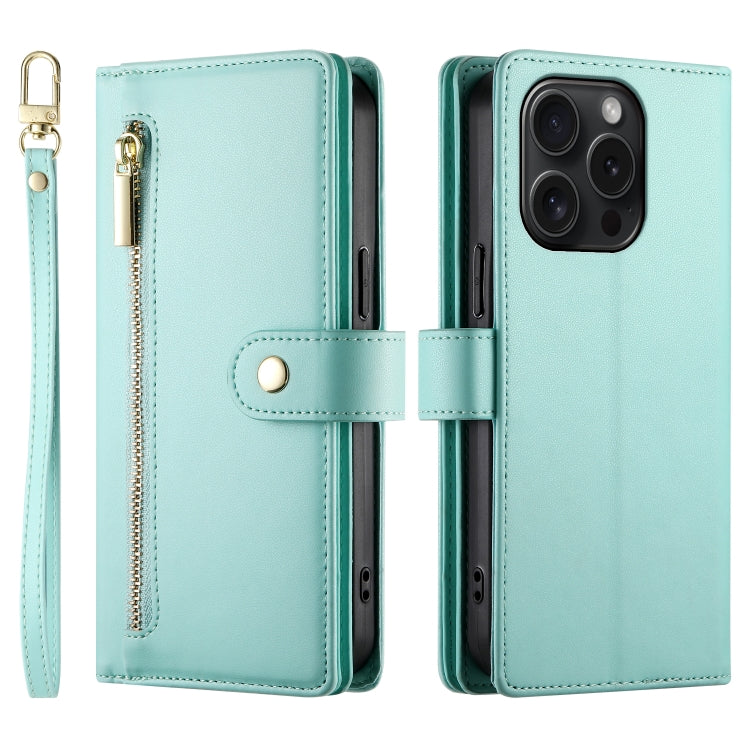 For iPhone 15 Pro Nine Card-slot Zipper Wallet Bag Leather Phone Case(Mint Green) - iPhone 15 Pro Cases by buy2fix | Online Shopping UK | buy2fix