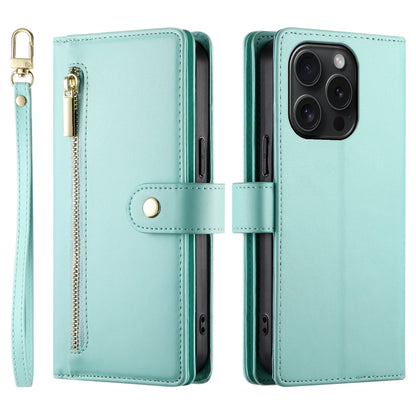 For iPhone 15 Pro Nine Card-slot Zipper Wallet Bag Leather Phone Case(Mint Green) - iPhone 15 Pro Cases by buy2fix | Online Shopping UK | buy2fix