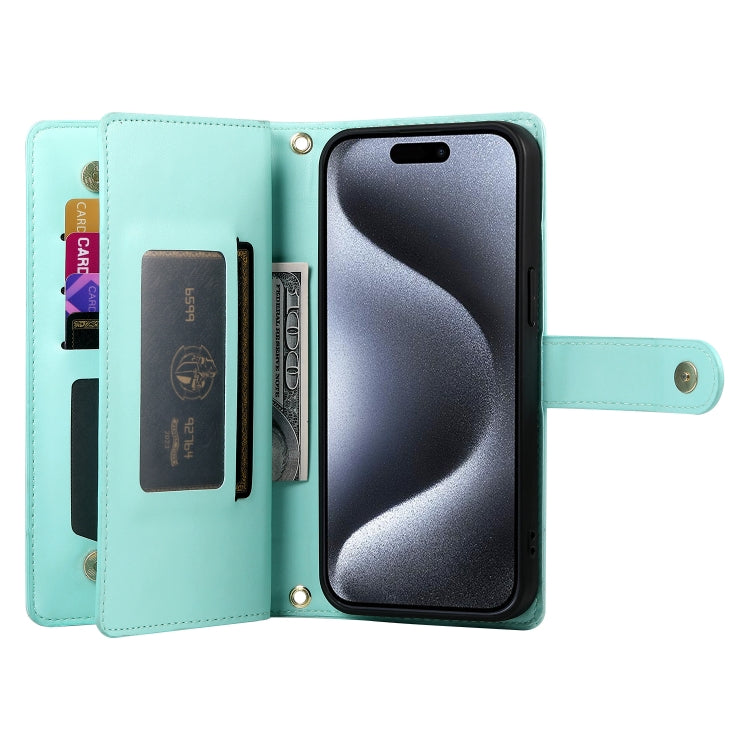 For iPhone 15 Pro Nine Card-slot Zipper Wallet Bag Leather Phone Case(Mint Green) - iPhone 15 Pro Cases by buy2fix | Online Shopping UK | buy2fix