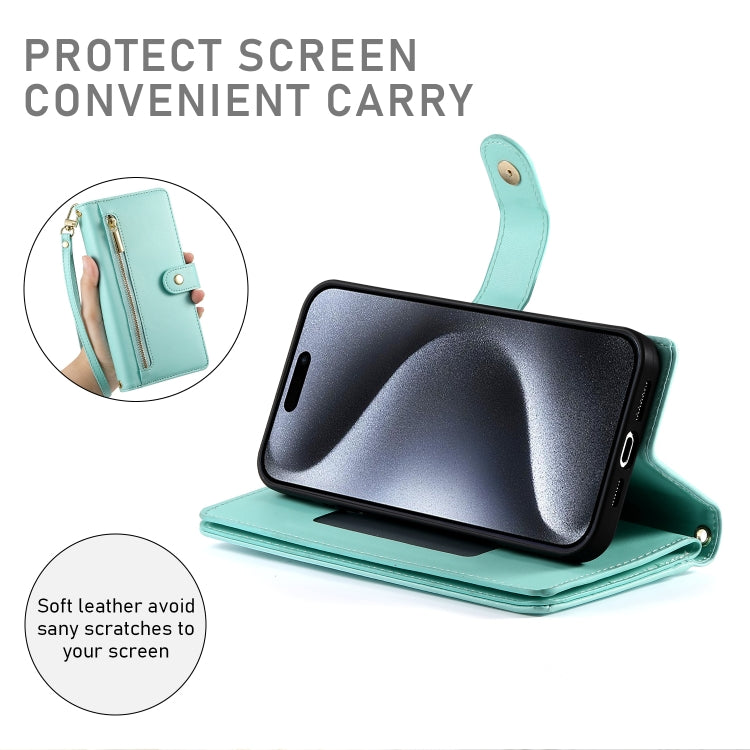 For iPhone 15 Pro Nine Card-slot Zipper Wallet Bag Leather Phone Case(Mint Green) - iPhone 15 Pro Cases by buy2fix | Online Shopping UK | buy2fix