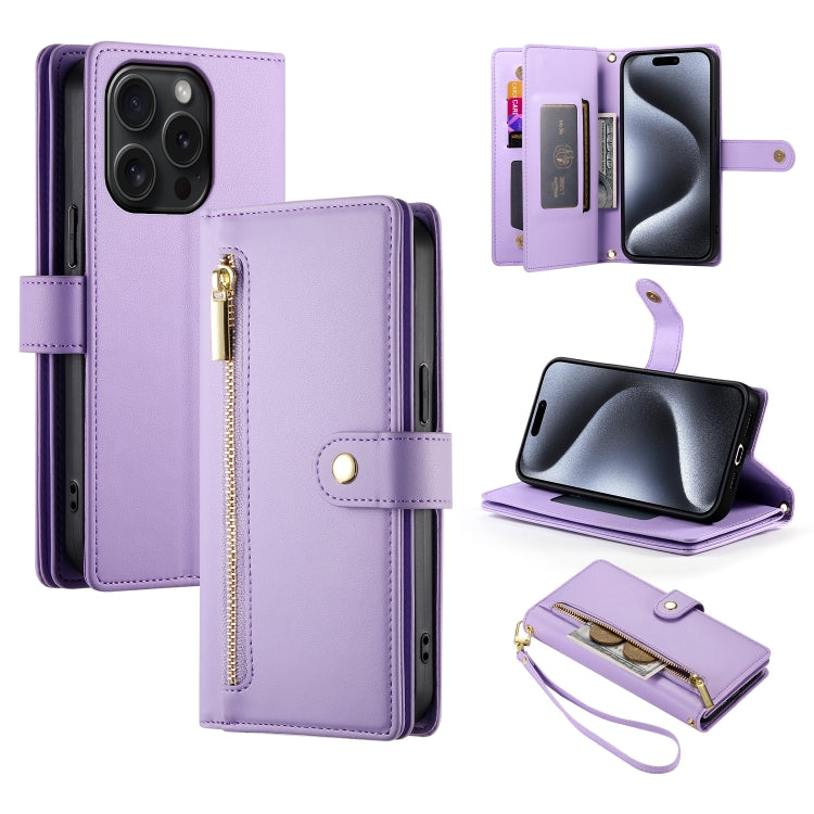 For iPhone 15 Pro Nine Card-slot Zipper Wallet Bag Leather Phone Case(Purple) - iPhone 15 Pro Cases by buy2fix | Online Shopping UK | buy2fix