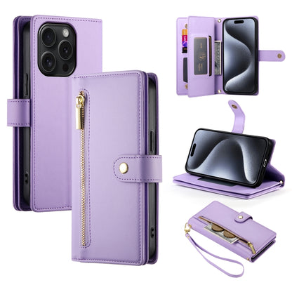 For iPhone 15 Pro Nine Card-slot Zipper Wallet Bag Leather Phone Case(Purple) - iPhone 15 Pro Cases by buy2fix | Online Shopping UK | buy2fix