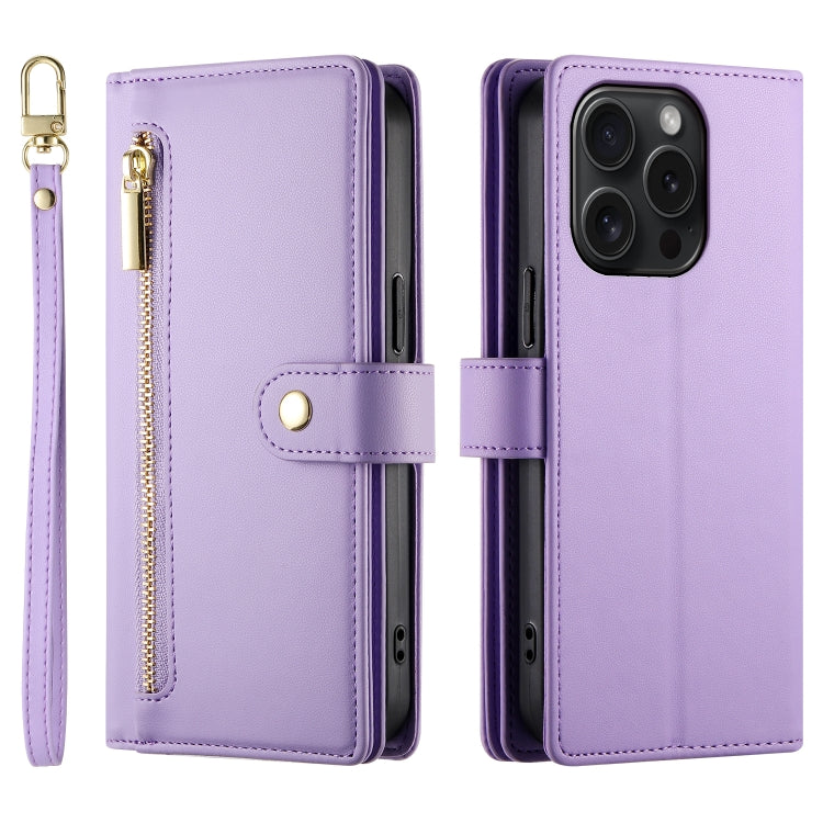 For iPhone 15 Pro Nine Card-slot Zipper Wallet Bag Leather Phone Case(Purple) - iPhone 15 Pro Cases by buy2fix | Online Shopping UK | buy2fix