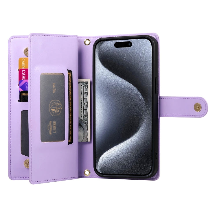 For iPhone 15 Pro Nine Card-slot Zipper Wallet Bag Leather Phone Case(Purple) - iPhone 15 Pro Cases by buy2fix | Online Shopping UK | buy2fix