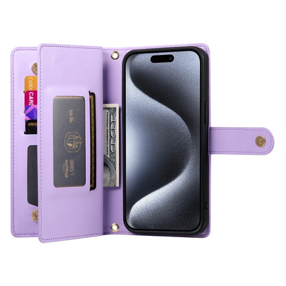 For iPhone 15 Pro Nine Card-slot Zipper Wallet Bag Leather Phone Case(Purple) - iPhone 15 Pro Cases by buy2fix | Online Shopping UK | buy2fix