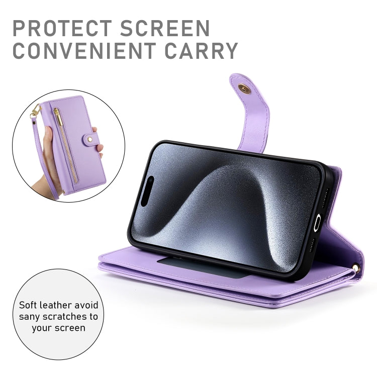 For iPhone 15 Pro Nine Card-slot Zipper Wallet Bag Leather Phone Case(Purple) - iPhone 15 Pro Cases by buy2fix | Online Shopping UK | buy2fix
