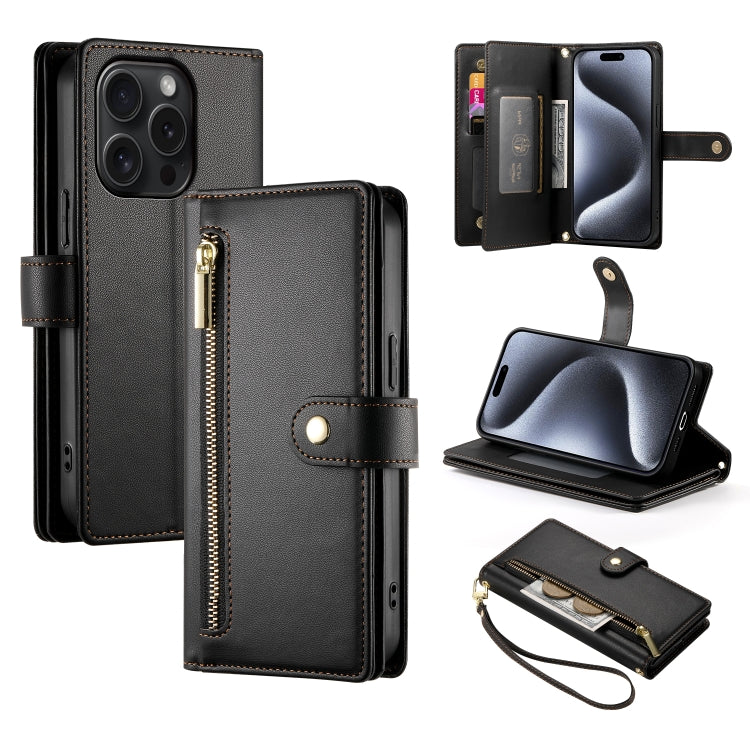 For iPhone 15 Pro Nine Card-slot Zipper Wallet Bag Leather Phone Case(Black) - iPhone 15 Pro Cases by buy2fix | Online Shopping UK | buy2fix