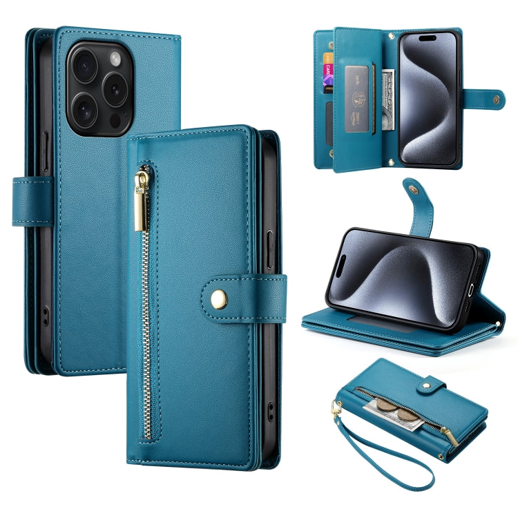 For iPhone 15 Pro Nine Card-slot Zipper Wallet Bag Leather Phone Case(Blue) - iPhone 15 Pro Cases by buy2fix | Online Shopping UK | buy2fix