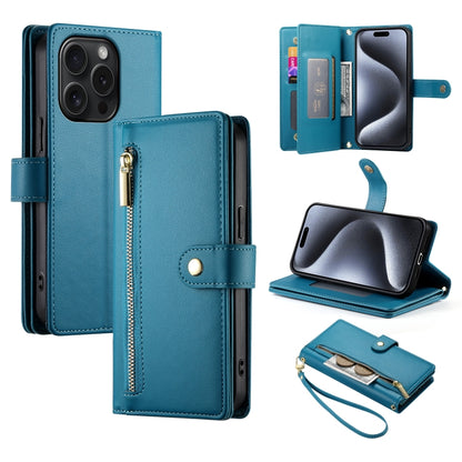 For iPhone 15 Pro Nine Card-slot Zipper Wallet Bag Leather Phone Case(Blue) - iPhone 15 Pro Cases by buy2fix | Online Shopping UK | buy2fix