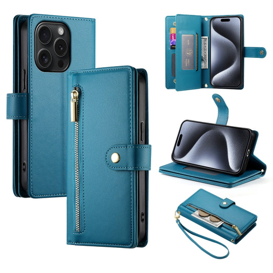 For iPhone 15 Pro Nine Card-slot Zipper Wallet Bag Leather Phone Case(Blue) - iPhone 15 Pro Cases by buy2fix | Online Shopping UK | buy2fix