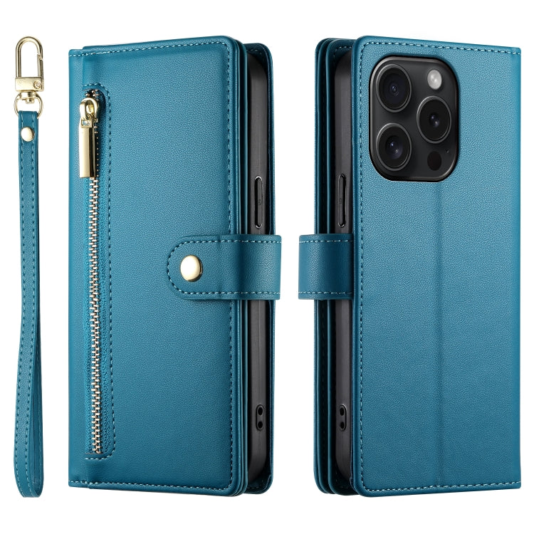 For iPhone 15 Pro Nine Card-slot Zipper Wallet Bag Leather Phone Case(Blue) - iPhone 15 Pro Cases by buy2fix | Online Shopping UK | buy2fix