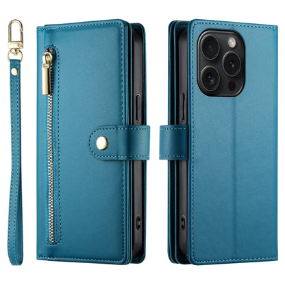 For iPhone 15 Pro Nine Card-slot Zipper Wallet Bag Leather Phone Case(Blue) - iPhone 15 Pro Cases by buy2fix | Online Shopping UK | buy2fix