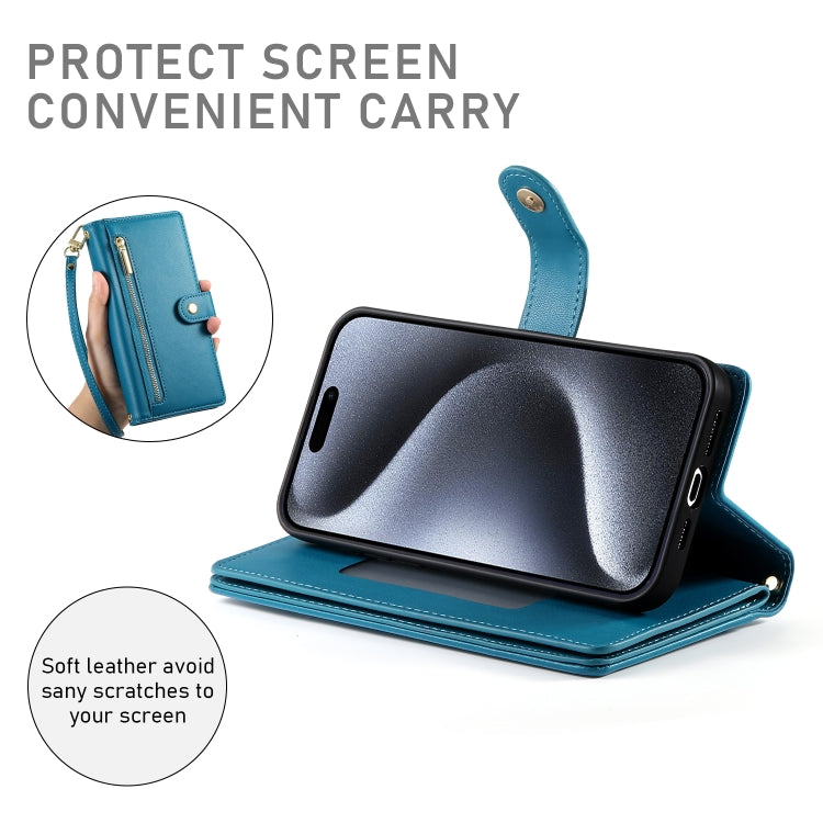 For iPhone 15 Pro Nine Card-slot Zipper Wallet Bag Leather Phone Case(Blue) - iPhone 15 Pro Cases by buy2fix | Online Shopping UK | buy2fix