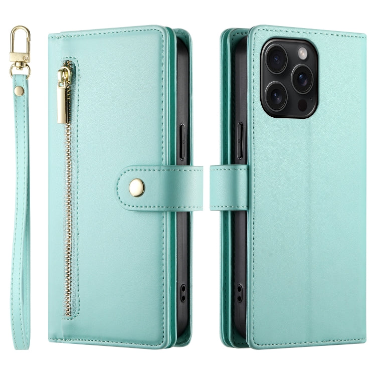 For iPhone 15 Pro Max Nine Card-slot Zipper Wallet Bag Leather Phone Case(Mint Green) - iPhone 15 Pro Max Cases by buy2fix | Online Shopping UK | buy2fix