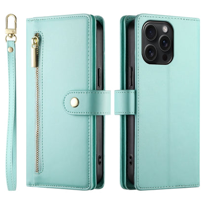 For iPhone 15 Pro Max Nine Card-slot Zipper Wallet Bag Leather Phone Case(Mint Green) - iPhone 15 Pro Max Cases by buy2fix | Online Shopping UK | buy2fix