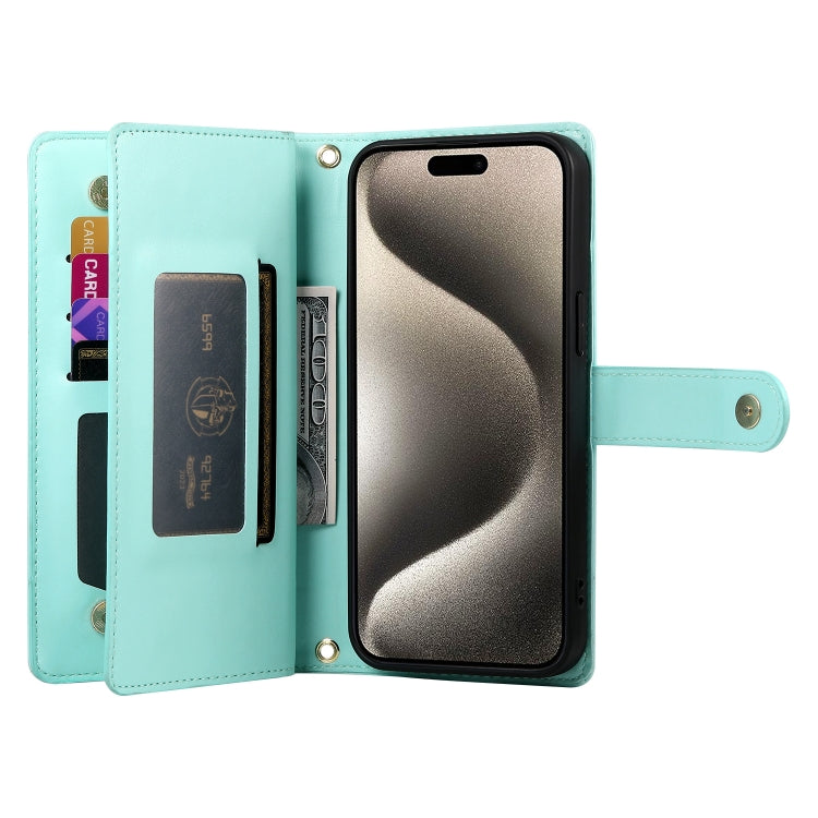 For iPhone 15 Pro Max Nine Card-slot Zipper Wallet Bag Leather Phone Case(Mint Green) - iPhone 15 Pro Max Cases by buy2fix | Online Shopping UK | buy2fix