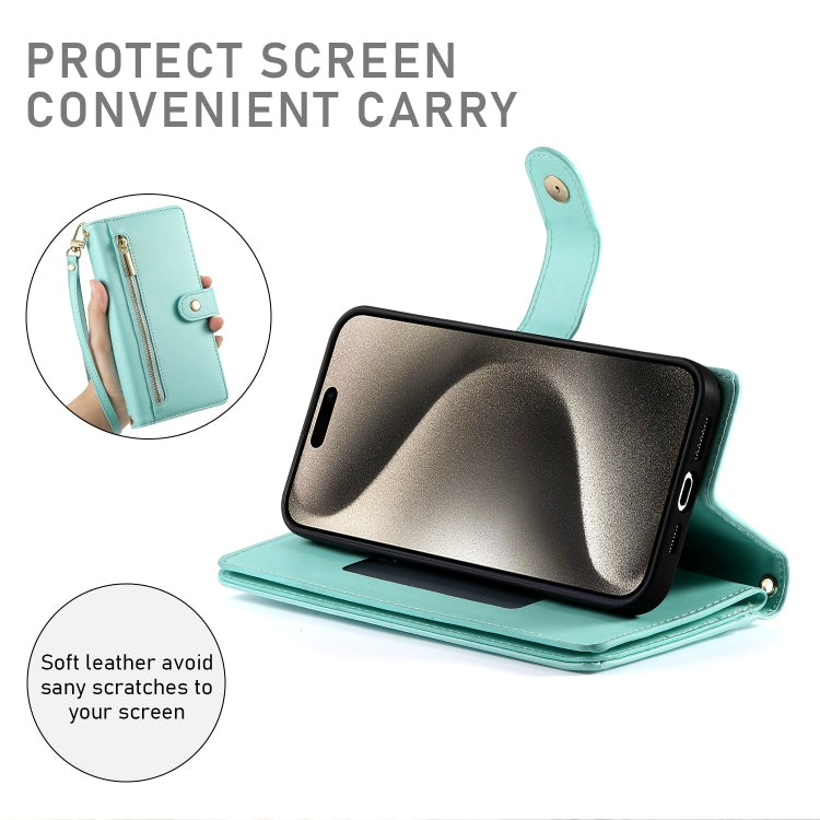 For iPhone 15 Pro Max Nine Card-slot Zipper Wallet Bag Leather Phone Case(Mint Green) - iPhone 15 Pro Max Cases by buy2fix | Online Shopping UK | buy2fix
