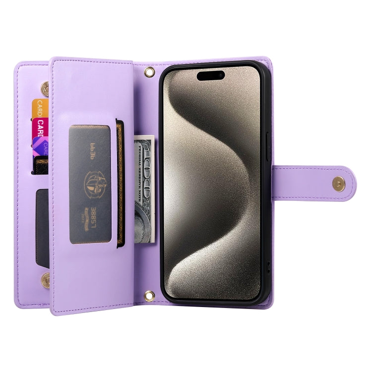 For iPhone 15 Pro Max Nine Card-slot Zipper Wallet Bag Leather Phone Case(Purple) - iPhone 15 Pro Max Cases by buy2fix | Online Shopping UK | buy2fix