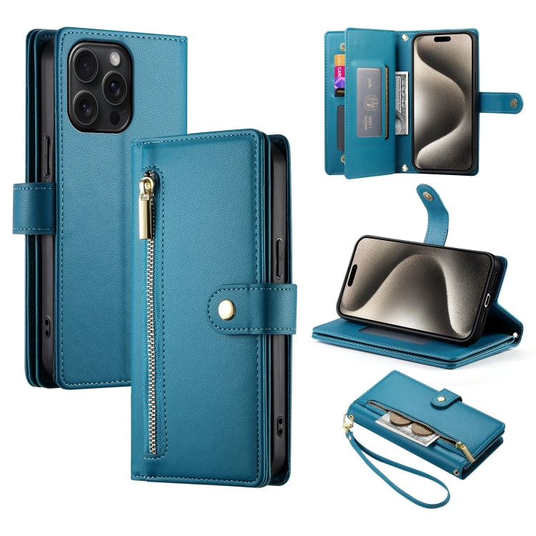 For iPhone 15 Pro Max Nine Card-slot Zipper Wallet Bag Leather Phone Case(Blue) - iPhone 15 Pro Max Cases by buy2fix | Online Shopping UK | buy2fix