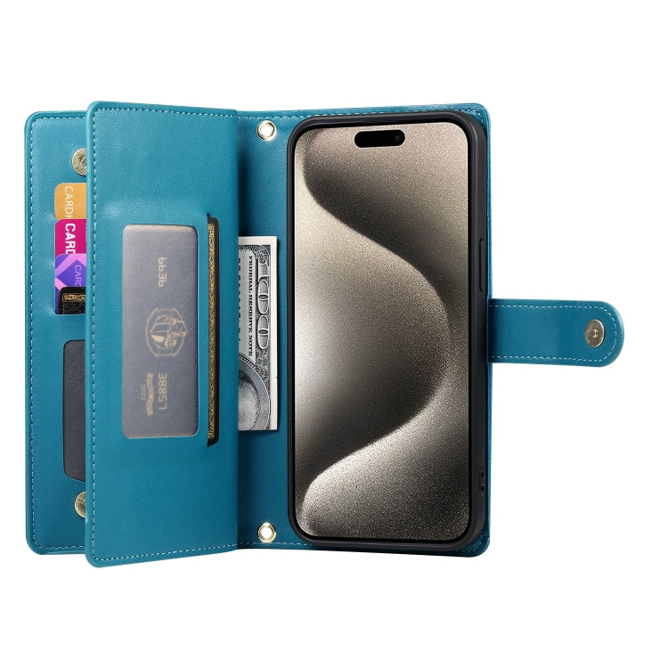 For iPhone 15 Pro Max Nine Card-slot Zipper Wallet Bag Leather Phone Case(Blue) - iPhone 15 Pro Max Cases by buy2fix | Online Shopping UK | buy2fix
