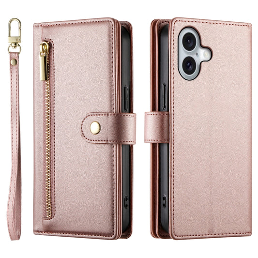 For iPhone 16 Nine Card-slot Zipper Wallet Bag Leather Phone Case(Pink) by buy2fix