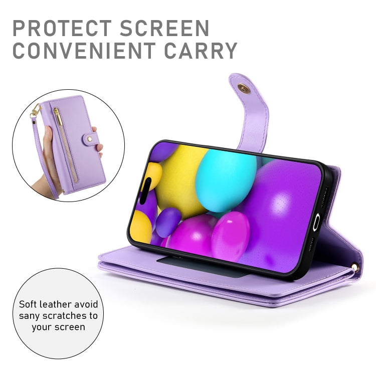 For iPhone 16 Nine Card-slot Zipper Wallet Bag Leather Phone Case(Purple) by buy2fix