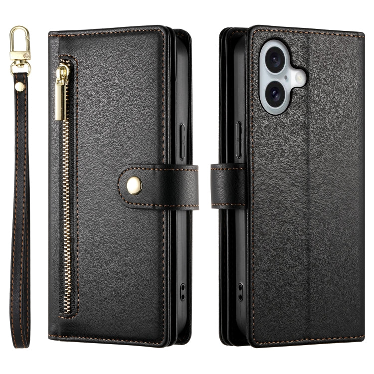 For iPhone 16 Nine Card-slot Zipper Wallet Bag Leather Phone Case(Black) - iPhone 16 Cases by buy2fix | Online Shopping UK | buy2fix